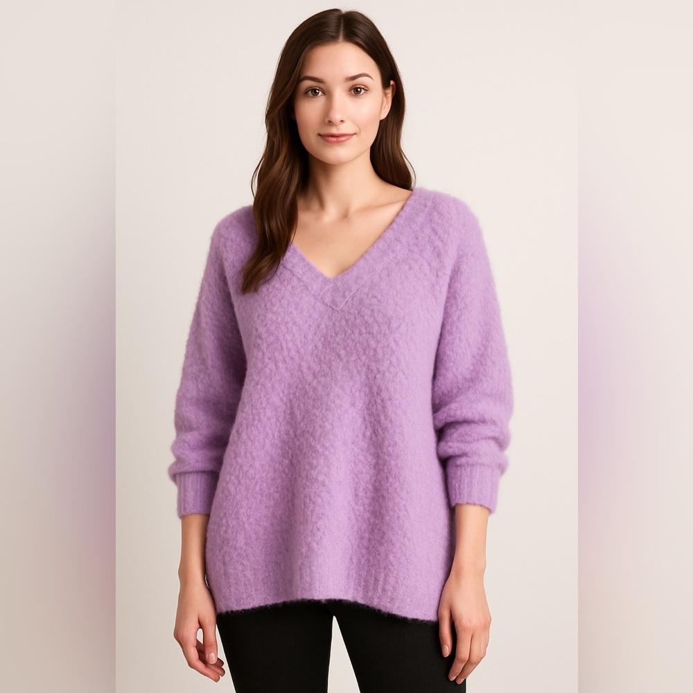 Anthropologie Lavender Fuzzy Boucle Oversized V-Neck Sweater Size L
